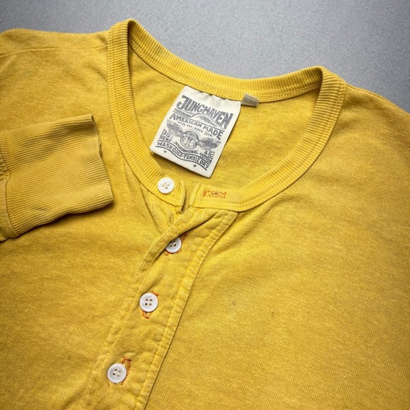 Jungmaven Hemp Organic Cotton Henley Shirt Men XS Mustard Yellow Long Sleeve USA - Picture 3 of 13